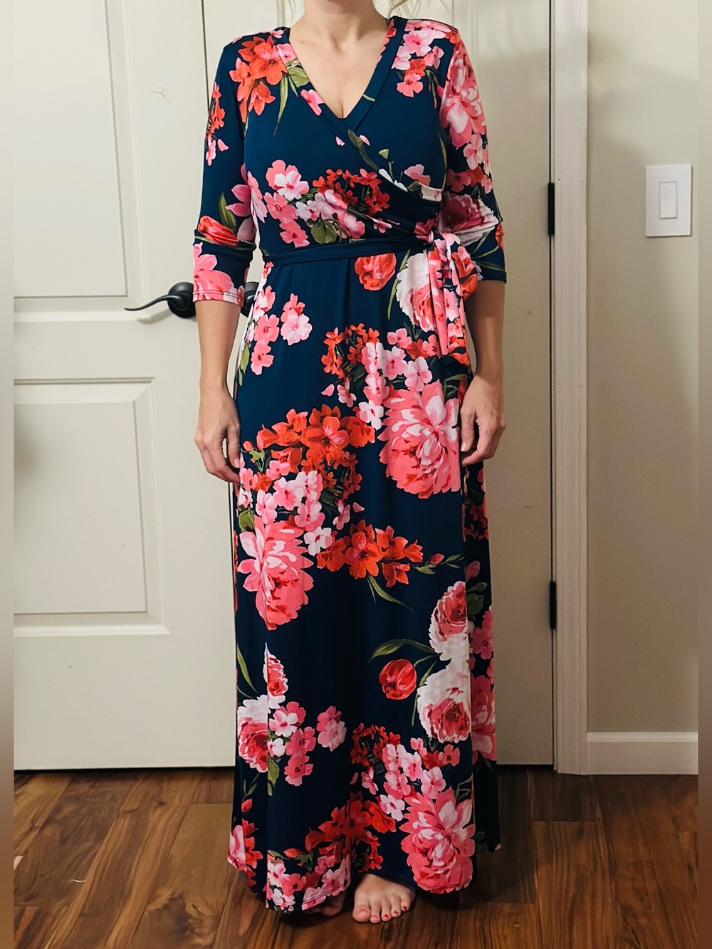 LARA Navy Maxi Wrap Dress with Pink Floral Print